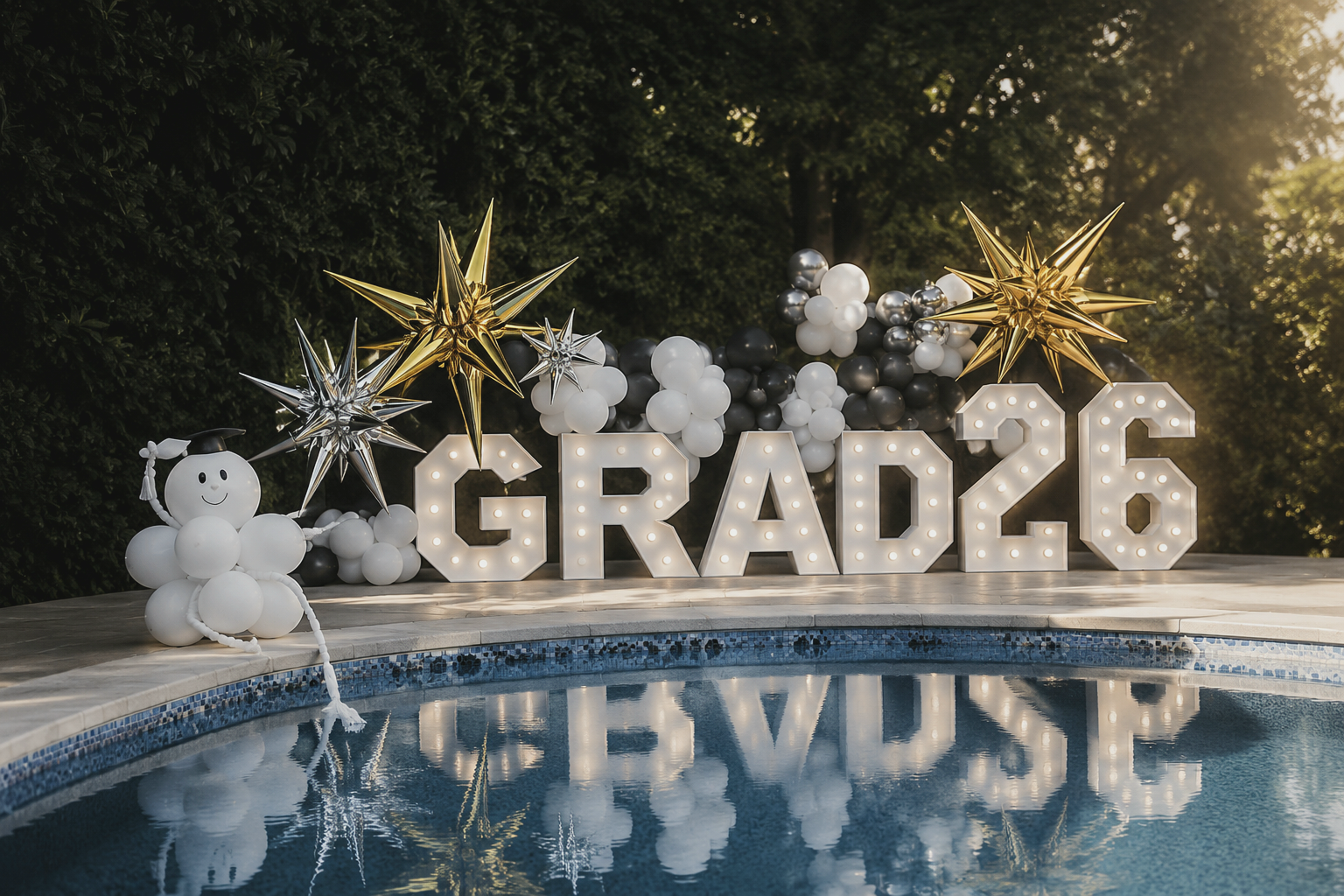 Illuminated GRAD 26 marquee letters with balloons beside a pool at dusk