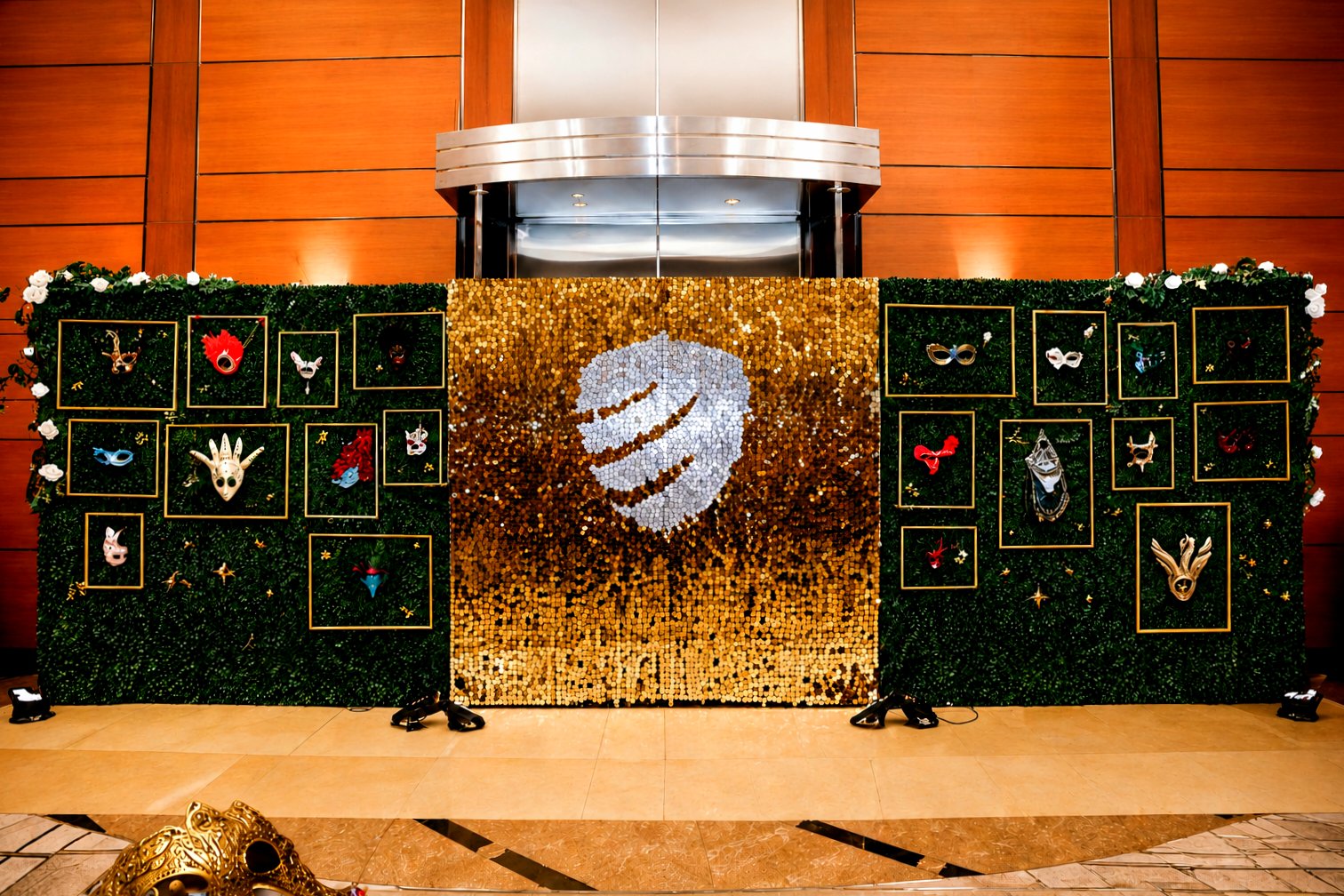 Masquerade backdrop with gold shimmer wall and framed masks