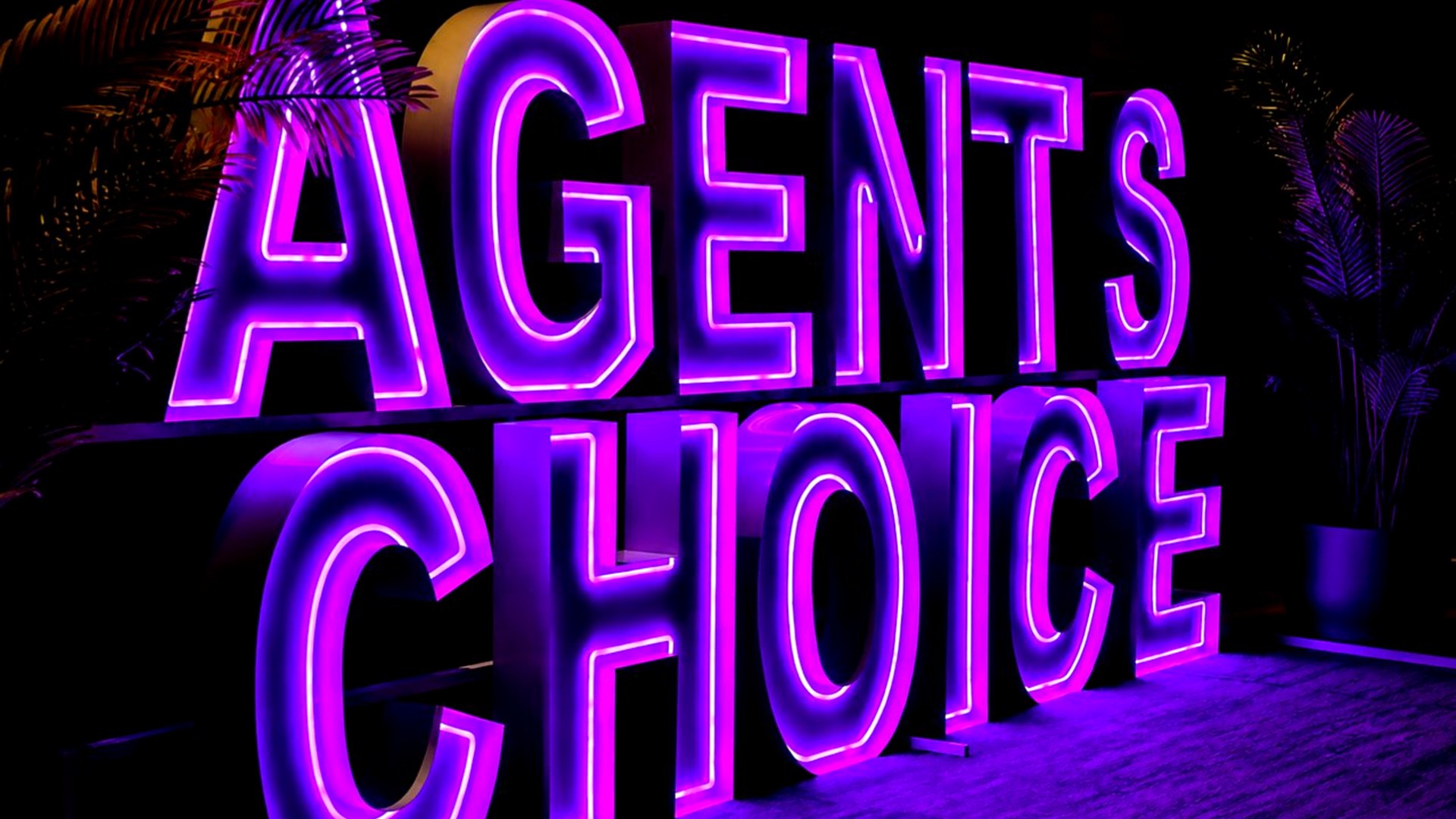 AGENTS CHOICE purple neon marquee letters