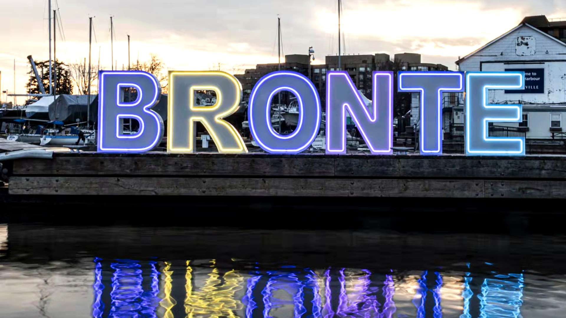 BRONTE multicolor neon marquee letters at marina